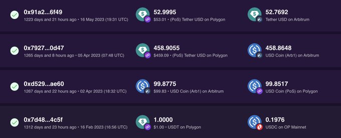 A list of cryptocurrency transactions on a blockchain explorer, showing Tether USD and USD Coin transactions across Polygon and Arbitrum networks, with dates ranging from Feb 2023 to May 2023.