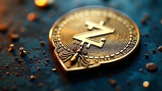 The image features a close-up view of a gold coin with the letter "Z" prominently displayed on its surface. The coin appears to be dirty or covered in dust, suggesting that it has been used or stored for some time. The background is dark blue and filled with small specks, adding depth and texture to the scene. The image also contains text elements related to Bitcoin and cryptocurrency, such as "GN. Brain is fried but I'm still scrolling Timeline feels quiet tonight. But not radio silent, thanks to @Zcash showing what accountability looks like after the Orchard bugfix."