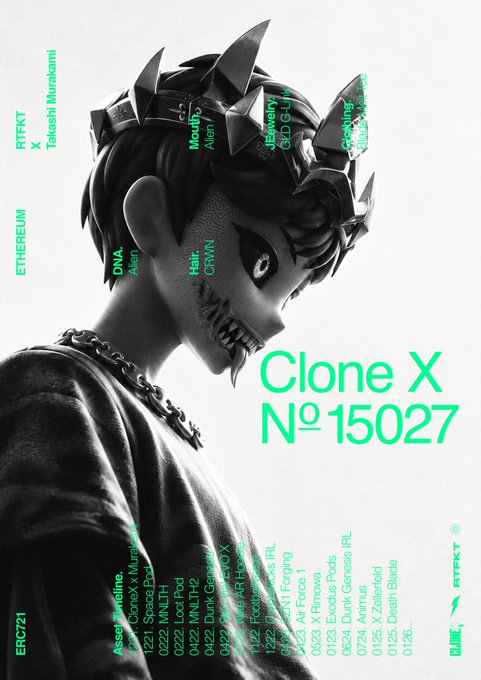 An NFT artwork titled "Clone X Nº 15027" featuring a stylized character with spiked black hair, with green text overlay listing various trait attributes like "Mouth: Alien" and "Hair: OMAN".