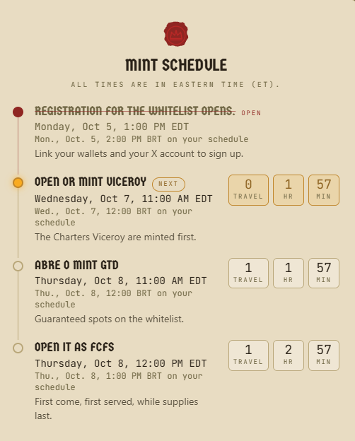 A "MINT SCHEDULE" infographic listing events with timestamps in Eastern Time, including "REGISTRATION FOR THE WHITELIST OPENS" (Oct 5), "OPEN OR MINT VICEROY" (Oct 7), and "ABRE O MINT GTO" (Oct 8), featuring countdown timers.