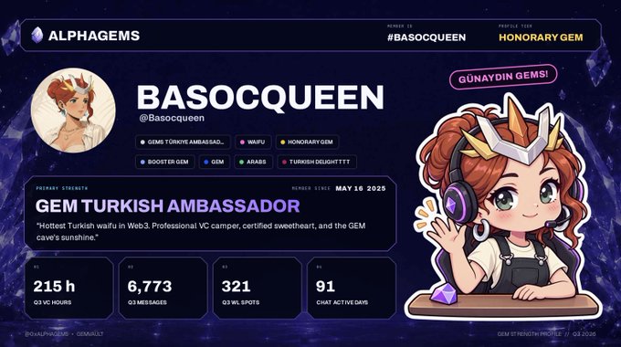 A promotional “GEM card” for AlphaGems community member BASOCQUEEN (@Basocqueen), labeled “GEM TURKISH AMBASSADOR,” highlights badges including Honorary Gem, WAFU, Boosted Gem, GEM, Arabo, and Turkish Designtt. It lists 215 hours of VC chat, 6,773 messages, 321 WL spots, and 91 active chats, alongside the accompanying note that the card represents the people, memories, and effort behind her roles and the large number of applications.