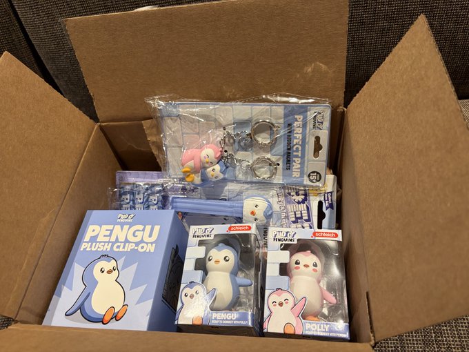 An open cardboard box filled with Pudgy Penguins merchandise including plush clip-on boxes, keychains, and trading cards.