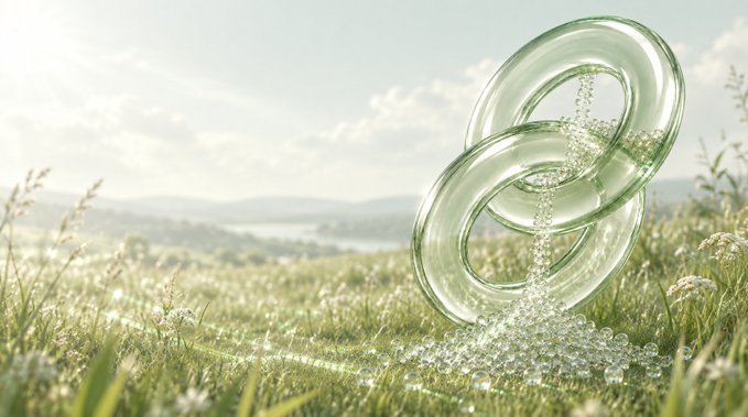 Two interlocking translucent glass rings pour green beads onto a grassy field with a scenic lake and hills in the background under a bright sky.