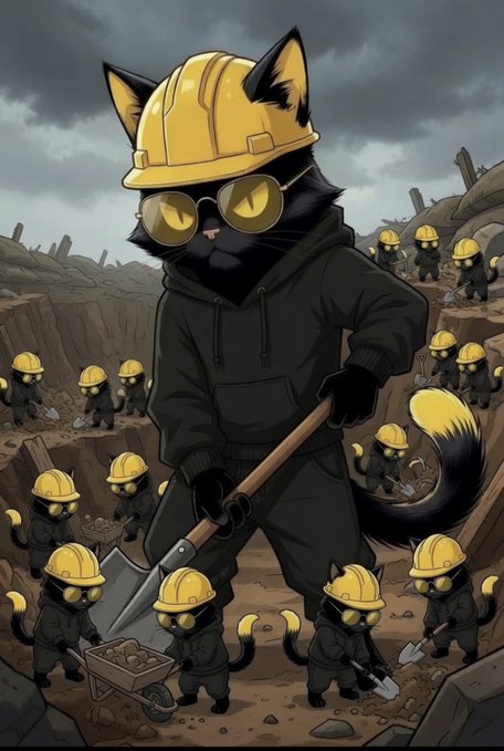 An anime-style illustration of a black cat wearing a yellow hard hat and goggles, holding a shovel while standing over smaller cats mining at an excavation site.