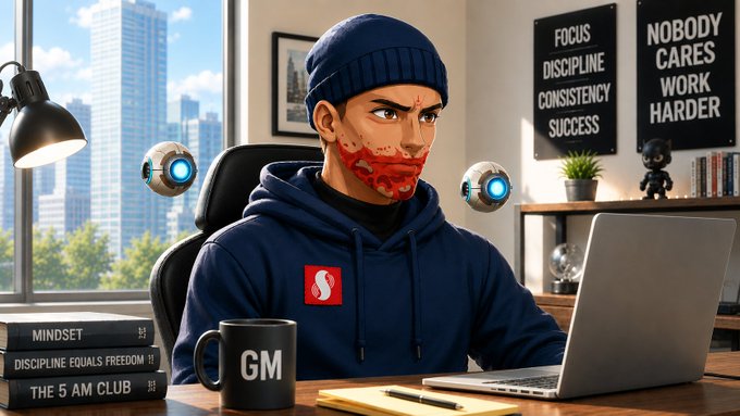 A focused trader in a blue hoodie with an “S” logo sits at his desk, surrounded by books titled “Mindset,” “Discipline Equals Freedom,” and “The 5 AM Club,” and wall signs reading “Focus Discipline Consistency Success” and “Nobody Cares Work Harder,” while the post urges staying bullish on $ANSEM.