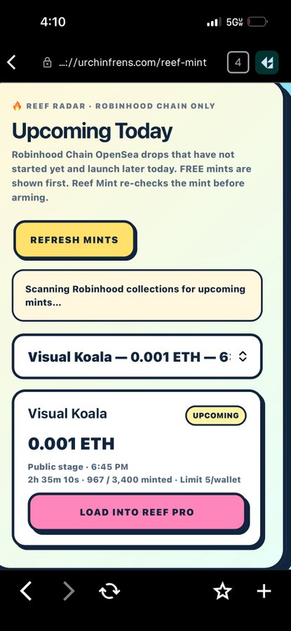 A mobile screenshot of urchinfrens.com/reef-mint showing the Reef Radar page for Robinhood Chain with an upcoming Visual Koala mint at 0.001 ETH, public stage at 6:45 PM, 2h 35m 10s countdown, 967/3,400 minted.