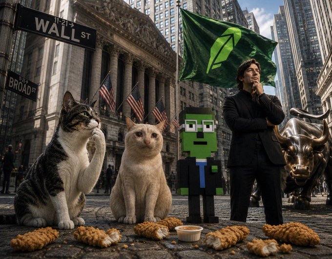 A surreal street scene on Wall St and Broad St features a tabby cat, an orange cat, a pixelated green character, a man in a black suit in deep thought, and a bronze bull statue, all gathered around scattered fried chicken and a sauce cup, with a green flag waving above.