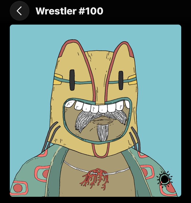 A digital illustration titled 'Wrestler #100' showing a cartoon character wearing a yellow mask, mustache, and teal shirt.