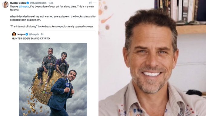 The image features a man smiling at the camera, with a caption below him that reads "@HunterBiden SAYS ...WHEN I DECIDED TO SELL MY ART I WANTED EVERY PIECE ON THE BLOCKCHAIN AND TO ACCEPT BITCOIN AS PAYMENT". The post also includes an image of a man wearing a suit and tie, with the caption "THE INTERNET OF MONEY" by Andreas Antonopoulos.