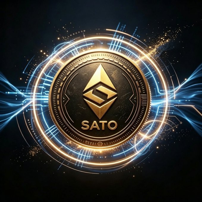 A glowing 3D golden cryptocurrency coin featuring the Ethereum symbol and the word 'SATO,' set against a dark space-like background with blue and gold light streaks.
