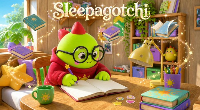 The promotional image features the text "Sleepagotchi" above a cute green mascot with glasses and a red hoodie, writing in a journal at a cozy desk surrounded by floating, sparkly books. It ties into the post's announcement of the $SLEEP token generation event on Solana, highlighting the project's whimsical sleep-tracking brand identity and its momentum following the Big App Preview and 20K+ day-one open beta users.