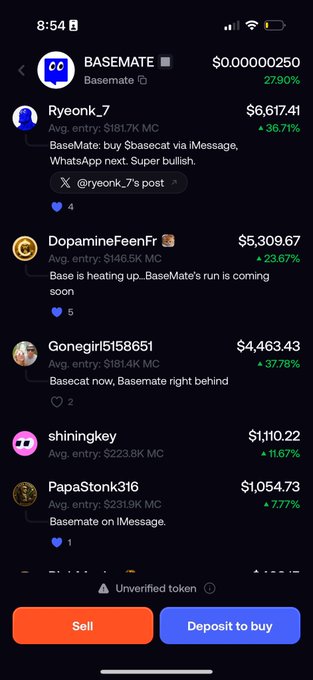 A mobile screenshot of a BaseMate token page shows a price of $0.00000250 (up 27.90%) with comments from users including Ryeonk_7, DopamineFeenFr, Gonegirl5158651, shinkkey, and PapaStonk316 discussing the token, with 'Sell' and 'Deposit to buy' buttons at the bottom.