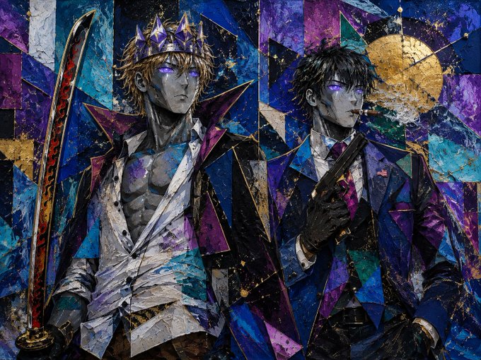 A stylized digital artwork depicts two dark-haired figures with glowing purple eyes—one crowned and wielding a blood-stained sword, the other in a suit holding a glowing orb—painted in a vibrant, mosaic-like style of blues, purples, and golds.

The imagery of two powerful, commanding figures aligns with the post's suggestion of leadership, vision, and bold ambition behind the $PATRIOTS token on Solana.