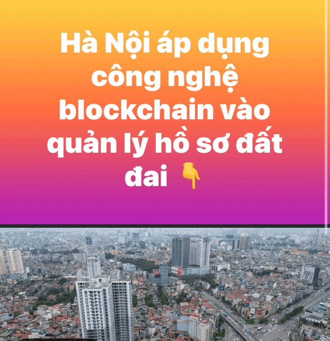 Vietnamese text reading 'Hà Nội áp dụng công nghệ blockchain vào quản lý hồ sơ đất đai' (Hanoi applies blockchain technology to land record management) over a cityscape photo.