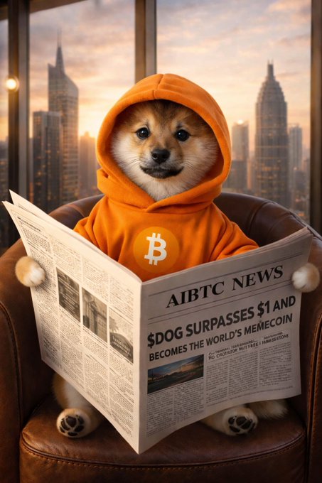 An AI-generated image of a Shiba Inu dog wearing an orange Bitcoin hoodie, sitting in a leather chair and reading a newspaper with the headline '$DOG SURPASSES $1 AND BECOMES THE WORLD'S MEMECOIN' under the banner 'AIBTC NEWS'.