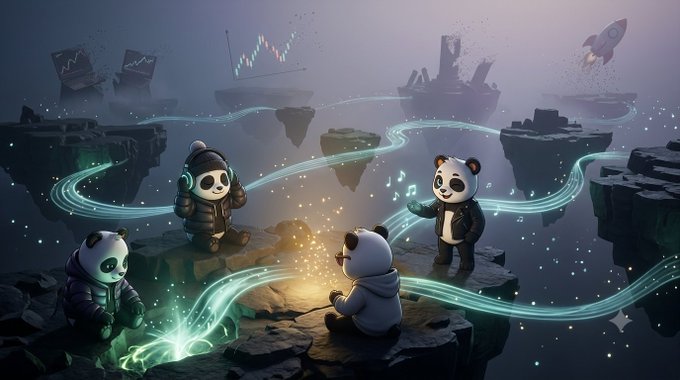 A group of cartoon pandas gather around a glowing campfire on floating islands, with one panda wearing headphones symbolizing music creation, while musical notes, candlestick charts, and a rocket ship in the background reflect the project's sustained journey through the volatile Web3 space. The imagery of pandas persevering through rocky, fragmented terrain mirrors the message about @BambitzRecords continuing to release music for 11 months despite market ups and downs.