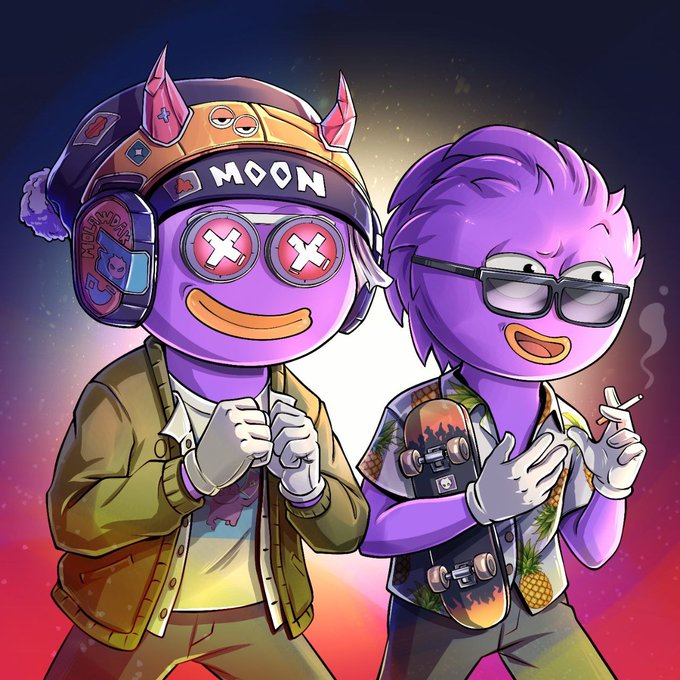 An illustration of two purple cartoon characters, one wearing a 'MOON' cap with X-eyed sunglasses and the other holding a cigarette and skateboard.