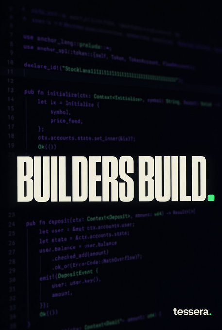 A dark-themed graphic with code in the background and large bold white text reading "BUILDERS BUILD" with a green period, branded with "tessera." in the bottom right corner.