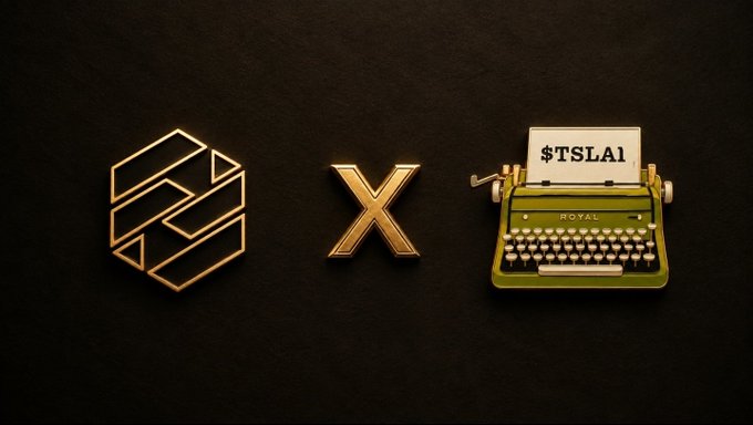 A gold "X" Twitter logo sits between a geometric hexagonal symbol and a green "ROYAL" typewriter displaying "$TSLA1," visually reinforcing the announcement's reference to a giveaway collaboration between FortizoDAO and RoyalMechanica on X (Twitter).