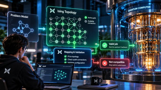 A sci-fi style graphic illustrating quantum computing workflows, showing a person at a laptop with displays labeled 'Ising Topology', 'Mapping & Validation', 'Valid job', and 'Not compatible', alongside a glowing 'QUANTUM COMPUTER'.