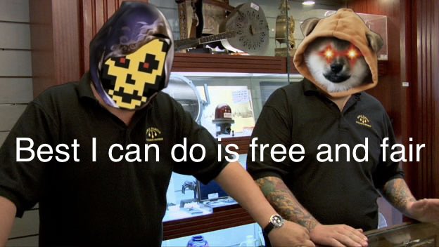 The image features two men wearing masks with dog heads on them, standing next to each other against a brown background. The text "Best I can do is free and fair" is written above their heads, while another line of text below reads "DOG army is the best community in crypto. Being on Bitcoin makes it the best asymmetric play. Rug proof, fairly distributed, and free if you held a Runestone".