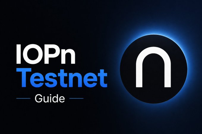 The image is a promotional graphic for the "IOPn Testnet Guide," featuring bold white and blue text alongside a stylized "n" logo inside a glowing black circle on a dark background, visually introducing the IOPn testnet tutorial highlighted in the post.