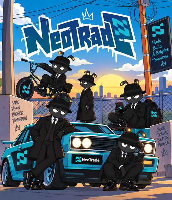 Promotional artwork for 'NeoTrade' featuring stylized black cartoon characters with glowing eyes wearing suits and fedoras, positioned around a blue car and bicycle in an urban sunset setting.