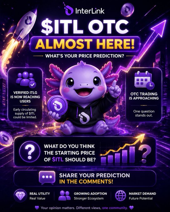 A promotional graphic for InterLink cryptocurrency announcing '$ITL OTC ALMOST HERE!' featuring a purple axolotl mascot, with text asking 'WHAT DO YOU THINK THE STARTING PRICE OF $ITL SHOULD BE?' and encouraging users to share predictions in the comments.