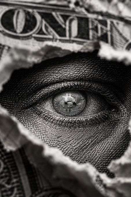 A close-up eye peering through a torn dollar bill has a Bitcoin “₿” symbol in its iris, visually answering “Do you ₿elieve in the future of finance?” with a look into cryptocurrency’s future.