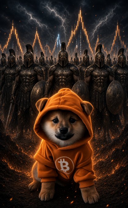 A Shiba Inu puppy in an orange Bitcoin hoodie sits in the foreground while a legion of armored Spartan warriors with shields stands amid fiery ruins and lightning behind it.
