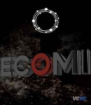 The image features a poster or album cover with the words "Ecomi" written in red letters, surrounded by white circles. The background of the image is black, which contrasts with the red text and creates a striking visual effect. There are also some small white dots scattered throughout the image, adding to its overall aesthetic appeal.