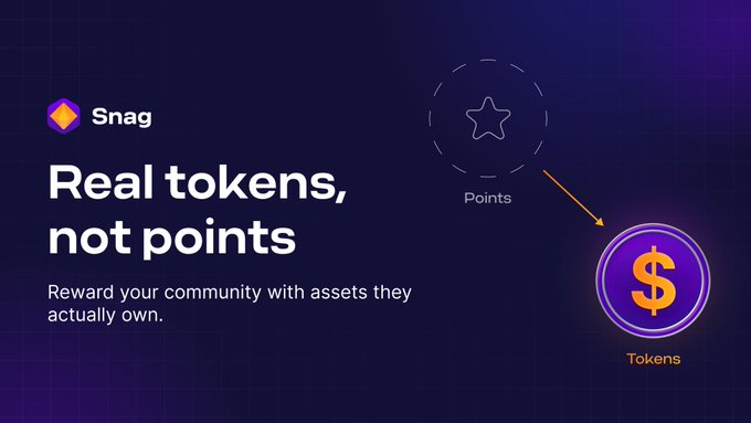 A purple promotional graphic for 'Snag' with the headline 'Real tokens, not points' and the tagline 'Reward your community with assets they actually own,' showing an arrow transitioning from a star 'Points' icon to a dollar sign 'Tokens' coin.