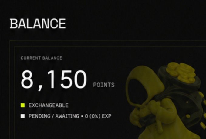 A digital "Balance" screen displays a current balance of 8,150 points marked as "EXCHANGEABLE," with 0 (0%) EXP pending. In the background, a hooded figure carries a container of gold coins, suggesting an airdrop or rewards giveaway of $MOTION tokens to followers who drop a tip number between 300–2000.