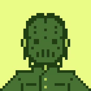 A pixel art illustration of a green-skinned zombie or creature wearing a green military-style uniform with gold buttons against a pale yellow background.