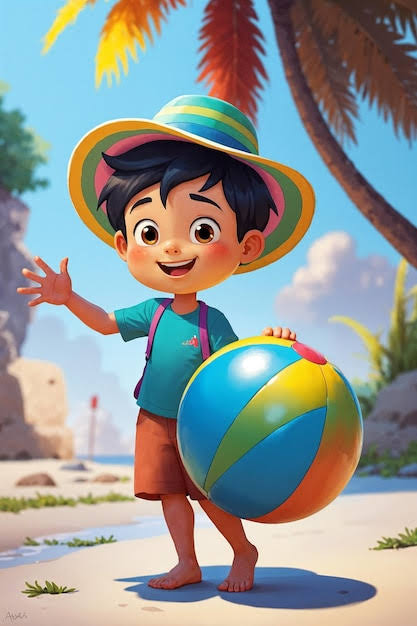 The image features a young boy wearing a hat, holding a large beach ball, and waving at someone. The background of the image shows palm trees and a blue sky with clouds. There are also some rocks visible in the scene. The caption provided is about a meme project called "@FIH_USD1" that focuses on narrative persistence rather than just being a theme or a specific image.