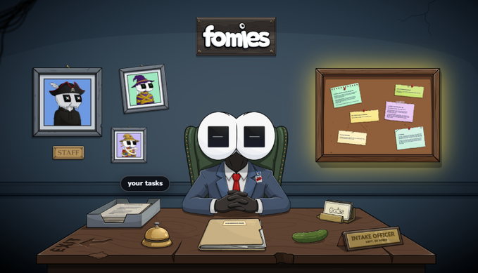 A cartoon illustration of a character with a rectangular white head and eyes in a blue suit sitting at a desk, with a sign reading 'fomies', a speech bubble saying 'your tasks', and a nameplate labeled 'INTAKE OFFICER'.