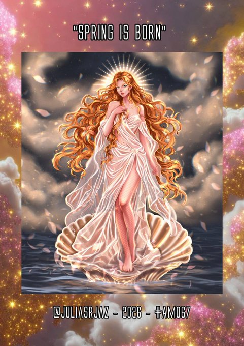 A digital illustration titled 'SPRING IS BORN' by @juliasrjaz, 2026, #AM067, depicting a woman with long flowing golden hair in a white gown standing on a shell, surrounded by clouds and sparkling stars.