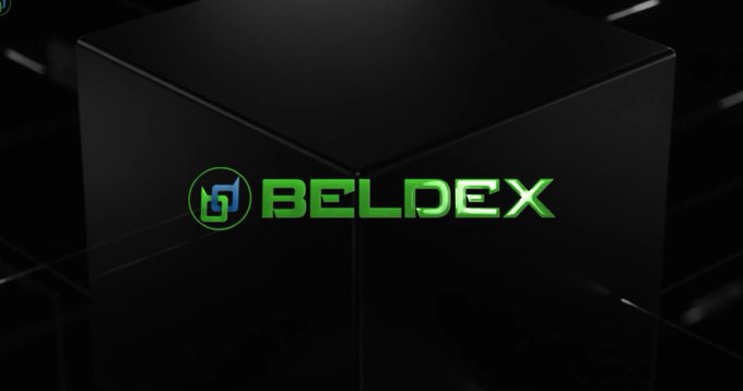 A dark promotional image featuring a 3D black cube with the green BELDEX cryptocurrency logo on it.