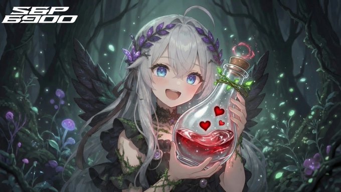 An anime illustration credited to 'SBP 8900' showing a silver-haired character with purple flowers in her hair and black wings, holding a glass bottle containing a red liquid and heart-shaped elements in a forest setting.