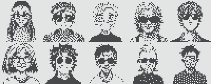 A grid of ten black-and-white pixel art portraits showing various people with different hairstyles and sunglasses.