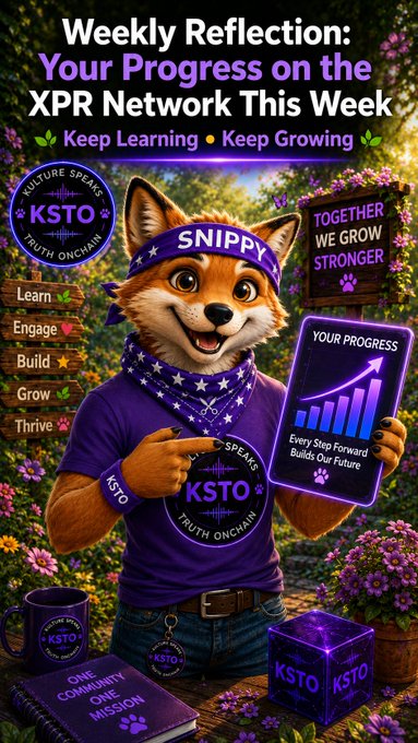 A promotional graphic titled 'Weekly Reflection: Your Progress on the XPR Network This Week' featuring an anthropomorphic Shiba Inu dog wearing a purple bandana and shirt, holding a tablet that displays a growth chart.