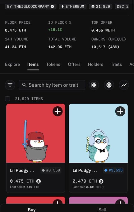 A mobile screenshot of the Lil Pudgys NFT collection by The Igloo Company on Ethereum, showing a floor price of 0.475 ETH, 21,929 items, and 142.9K ETH total volume, with two Lil Pudgy character listings visible.