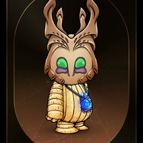 A stylized illustration depicts a character wearing a deer-antler mask with glowing green eyes, a small bottle labeled 'GG' hanging from its neck, and yellow ribbed sleeves in a meditative stance.