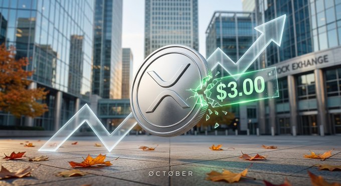 A promotional graphic showing a large coin featuring the XRP logo with '$3.00' displayed, set against a city backdrop with autumn leaves and 'OCTOBER' text at the bottom.