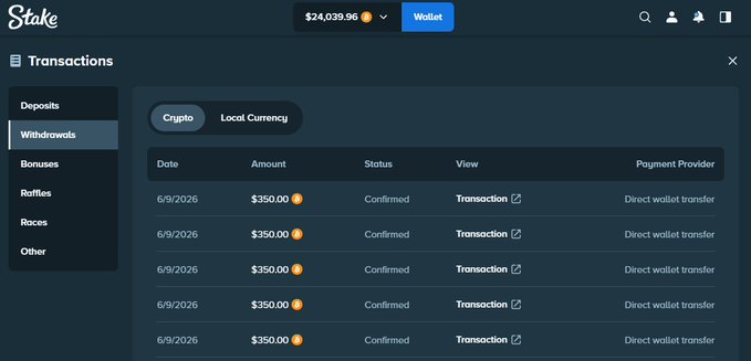 The image shows a computer screen displaying a transaction summary page from the cryptocurrency exchange Stake. The page provides information about transactions, including details such as the amount of cryptocurrency involved, the date of the transaction, and the type of currency being transferred (bitcoin or fiat). There are also options to view transaction details in different languages and to see the transaction history for a specific user.