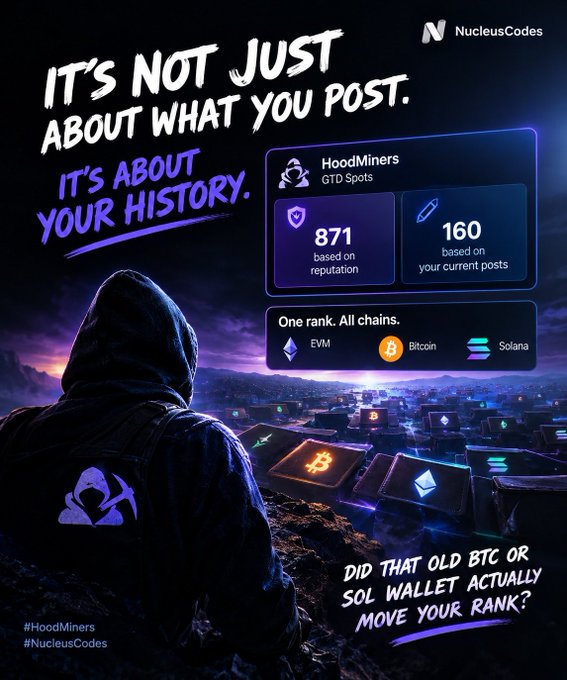 A promotional graphic for "NucleusCodes" featuring a hooded figure overlooking a futuristic cityscape, with text reading "IT'S NOT JUST ABOUT WHAT YOU POST. IT'S ABOUT YOUR HISTORY." and displaying stats for "HoodMiners" (871 based on reputation, 160 based on current posts) across EVM, Bitcoin, and Solana chains.
