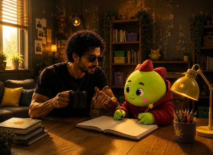 Whimsical digital illustration of a man with curly hair and sunglasses sitting at a desk across from a green Slime-like character wearing a red hoodie and goggles, both enjoying coffee and pencils in a cozy, plant-filled room.