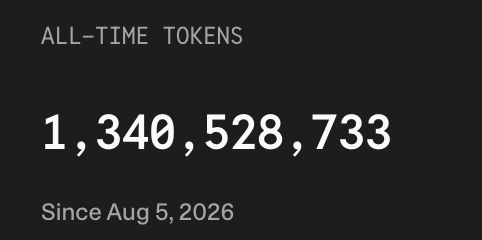 A dark screen displays the text 'ALL-TIME TOKENS' with the number '1,340,528,733' and 'Since Aug 5, 2026' below it.