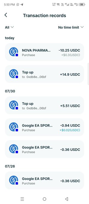A smartphone screenshot of a 'Transaction records' page showing USDC purchases and top-ups, including entries for NOVA PHARMA, Top up, and Google EA SPOR purchases dated today, 07/30, and 07/26.