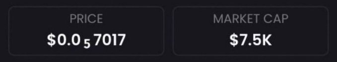 The image displays a price of $0.0₅7017 and a market cap of $7.5K, which directly corresponds to the post's claim of "another memecoin sitting at 7.5k mcap" that the author is promoting.